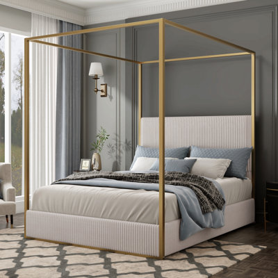 Modern Luxury Metal Canopy Bed With Tall Upholstered Headboard And Four Poster, No Box Spring Needed,Queen