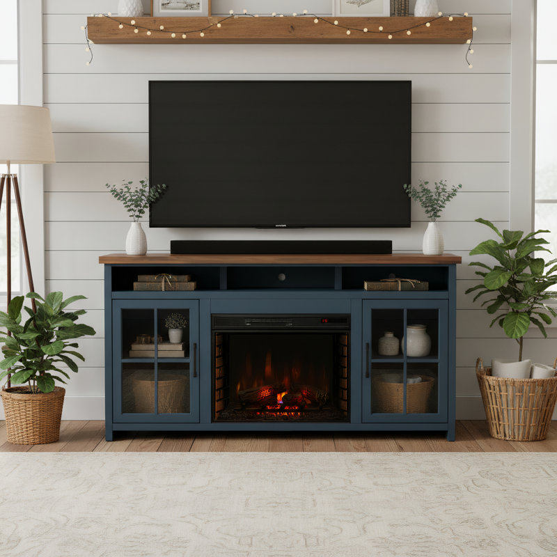 Meuble télé avec foyer 74 po Brixham pour téléviseur de 85 po ou moins, finition deux tons, Denim / whisky