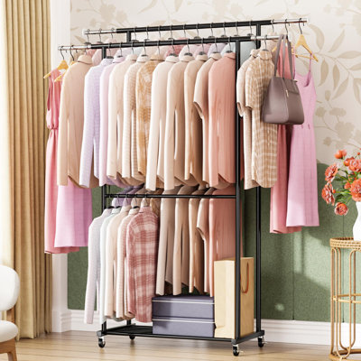 Double Garment Rack, Rolling Clothes Hanging Rack with Expandable Rod, Load 400 LBS