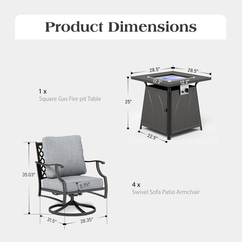 Ensemble de conversation d'extérieur pour 4 personnes avec table basse et table de foyer pivotante Asfand, Gris