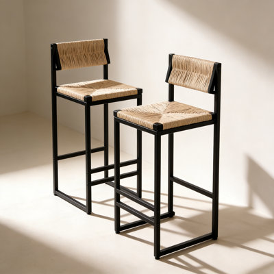 Honey Bar Stools Set of 2 Paper Rope Weave Dining Chairs with Back Hand Weave Stools for Kichen Island, Bar & Counter (Honey)