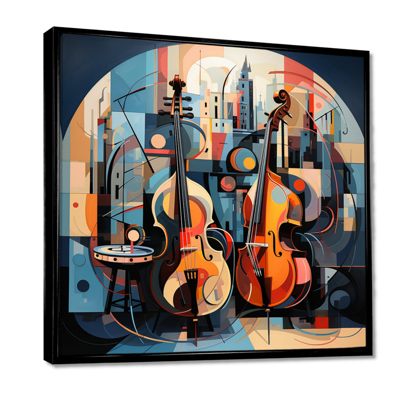 All That Jazz Cubist Double Bass - Musician Wall Art Decor, Toile avec cadre flottant noir, H 16 po x l 16 po x P 1 po