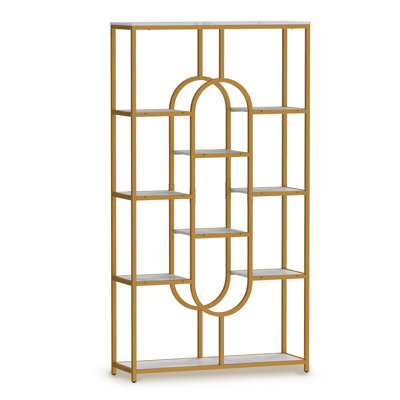 5-Tier Tall Metal Bookcase with Open Shelves, Modern U-Shaped Display Shelf for Living Room, Bedroom, Study, Gold