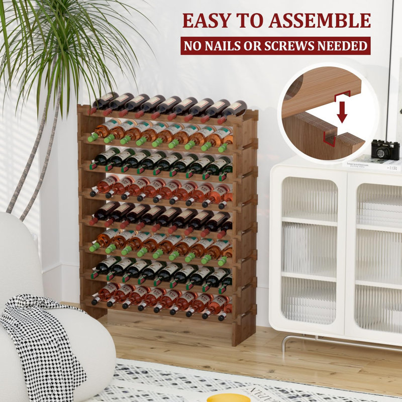 72 Bottle Wine Rack Stackable Bamboo Freestanding, Walnut