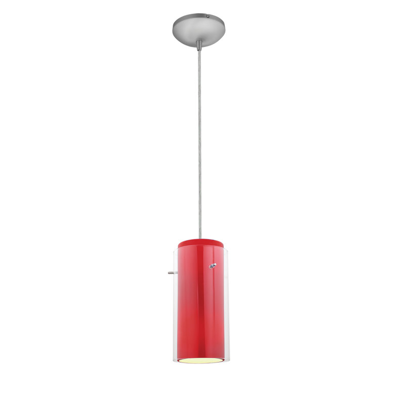 Luminaire suspendu cylindrique à 1 lumière Clarksburg, Acier brossé, Rouge transparent