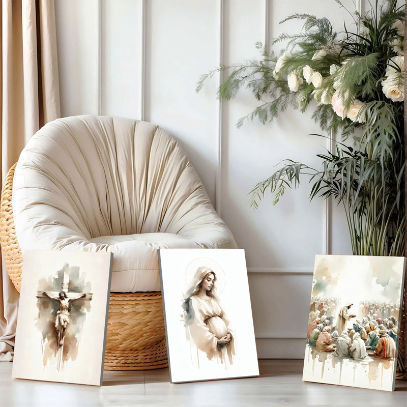 Ensemble de 3 affiches murales encadrées, tableaux religieux chrétiens sur toile, style aquarelle : Jésus en croix, la Vierge Marie et la Cène. Décoration pour salon, chambre ou église.