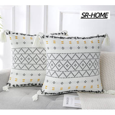 20 x 20 Square Cotton Accent Throw Pillow, Soft Banded Braided Patchwork, White, Cream