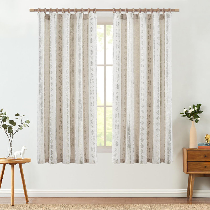 Linen Blend Semi-Sheer Rod Pocket Curtain Pair, Grey on Beige, 38" W x 63" L