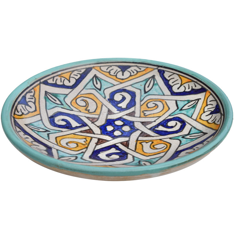 Assiette en céramique à motif andalou Mid-Century Mid-Century bleu sarcelle et orange
