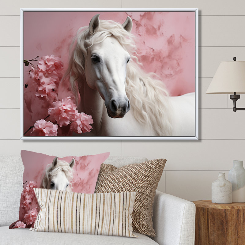 Cheval rose blanc doux beauté - art mural cheval, Cadre flottant blanc, H 34 po x l 44 po x P 1,5 po