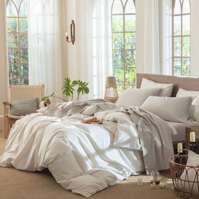 MooMee Sheet Set Extra Deep Pocket 100% Washed Cotton Linen Like Textured Lightweight Breathable, Cream Gray