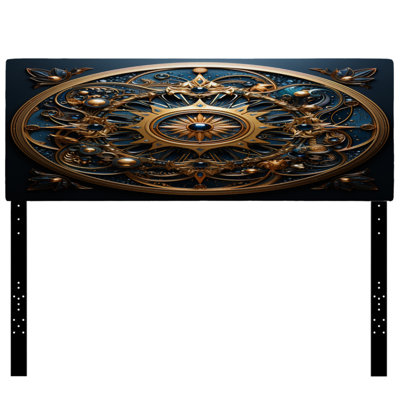 Gold And Teal 3D Flowers Ancient Seal Upholstered Panel Headboard