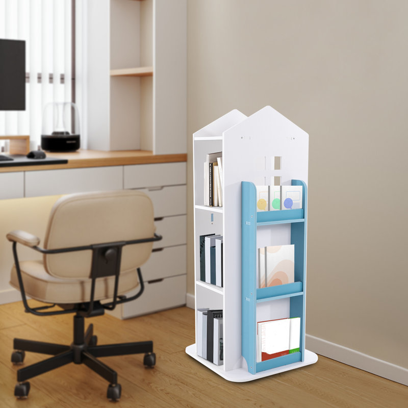 Bibliothèque pivotante à 360 °, tablette d'angle à 3 niveaux, pour chambre à coucher, salon, Blanc / Bleu