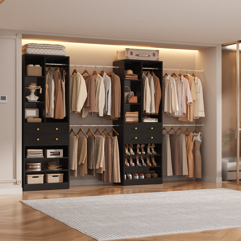 Closet System with 4 Wooden Drawers and Shoe Racks, Black