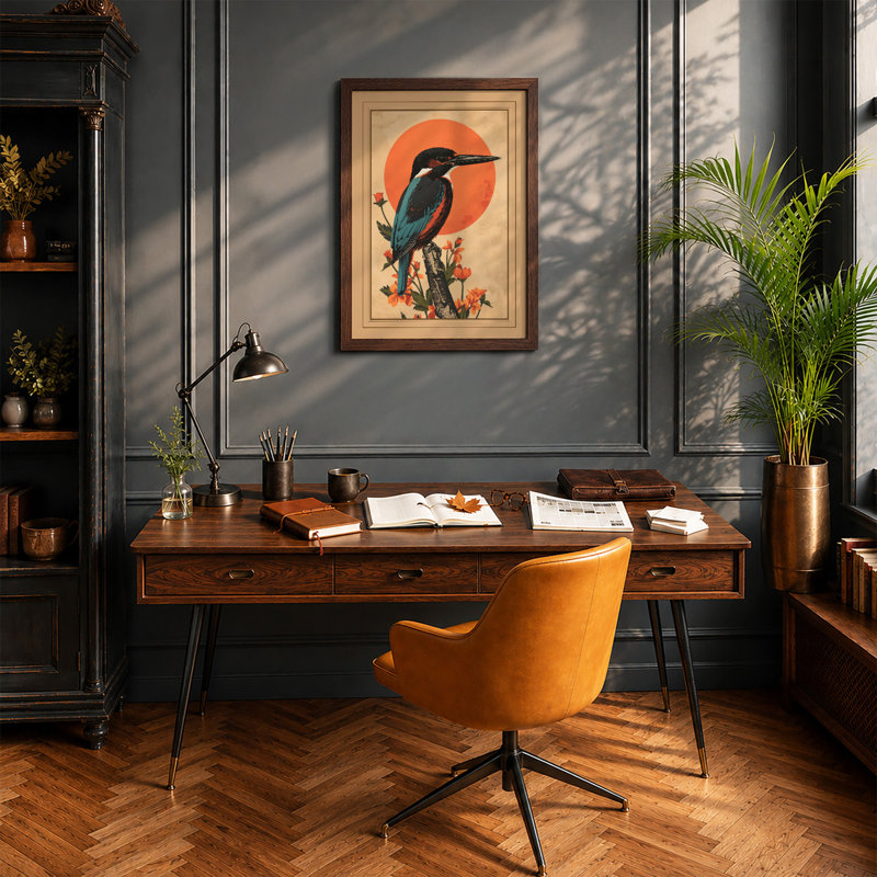 Kingfisher And Sun Japandi - Print, A2 - 59.4 x 42.0 cm, Walnut