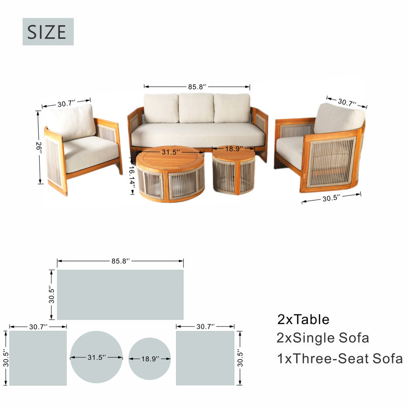 Ensemble de conversation d'extérieur 5 pièces en bois d'acacia avec coussins crème Guzal