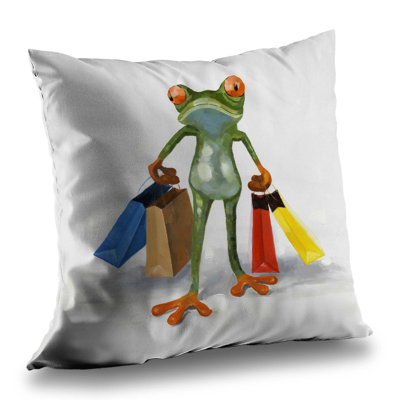 Funny Frog with Shopping Bags - Blue Twill Throw Pillow – Poly Twill Throw Pillow with Insert, Double-Sided Print