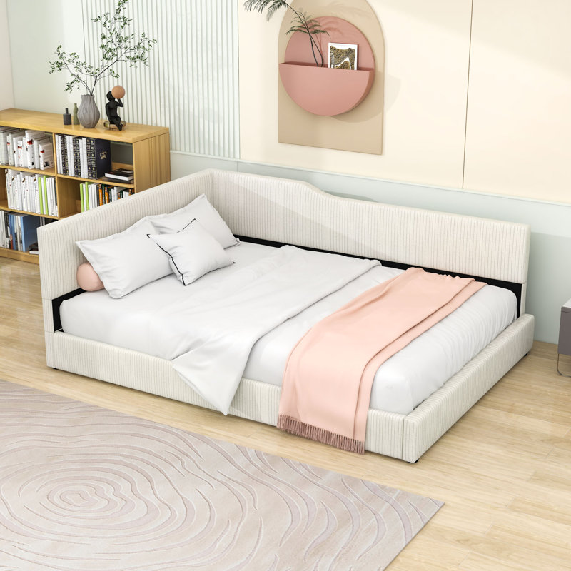 Lit de jour rembourré en bois et velours côtelé, Lit double, Beige