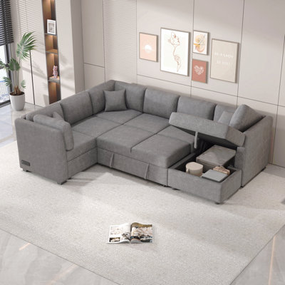 Canapé-lit modulaire en U de 108,6 po avec deux ports USB, deux prises de courant, trois coussins de dossier et une méridienne de rangement pour le salon, gris clair