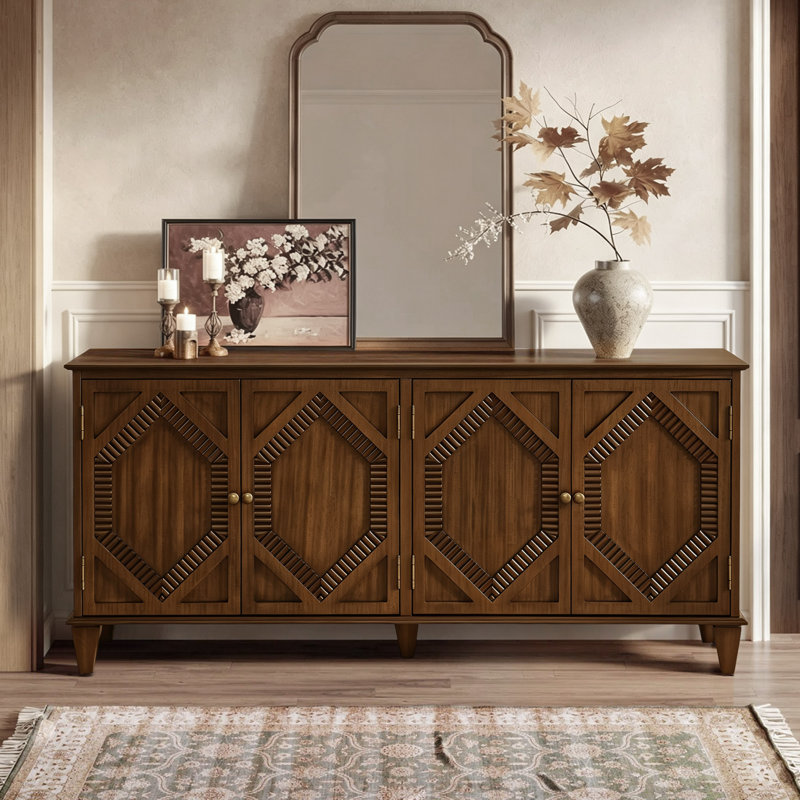 Rosalind 65.2" Mid Century Modern Sideboard With 4 Hand-Carved Doors, Walnut