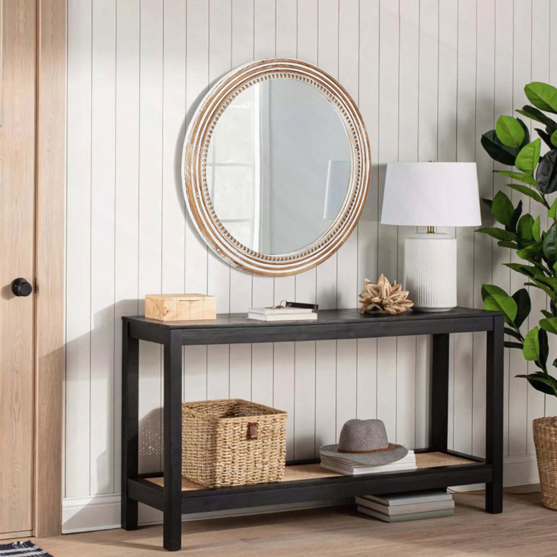 Miroir mural rond en bois perlé rustique