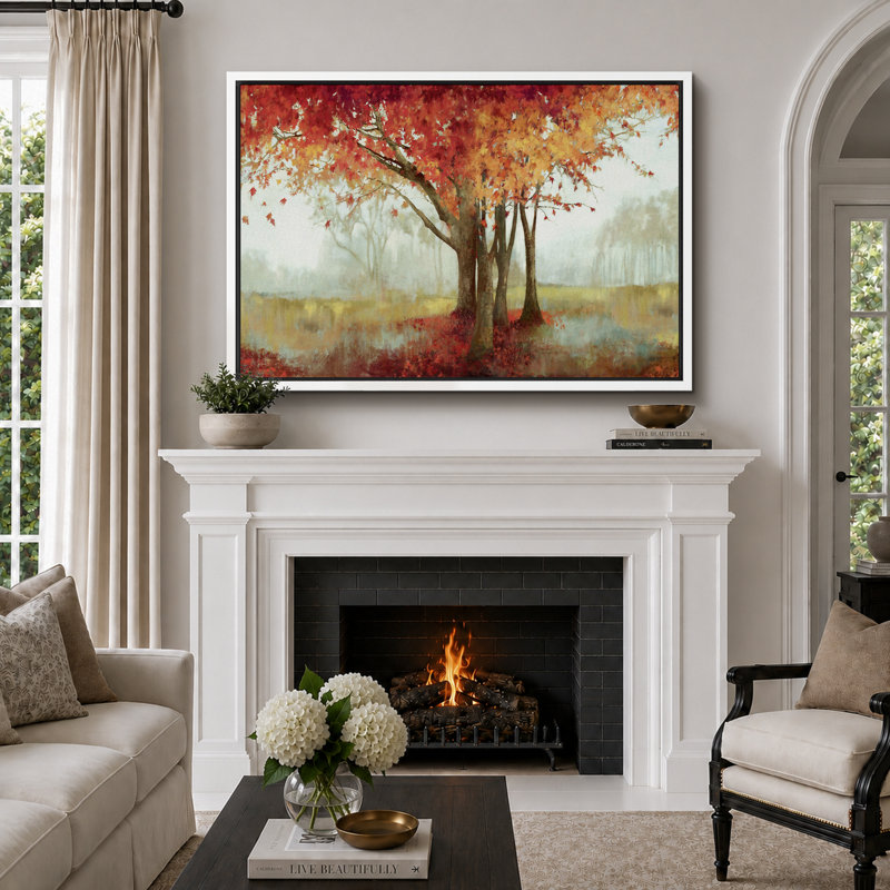 Automne, automne, "Érable orange dans la nature, paysage, grande impression sur toile encadrée", Cadre flottant blanc