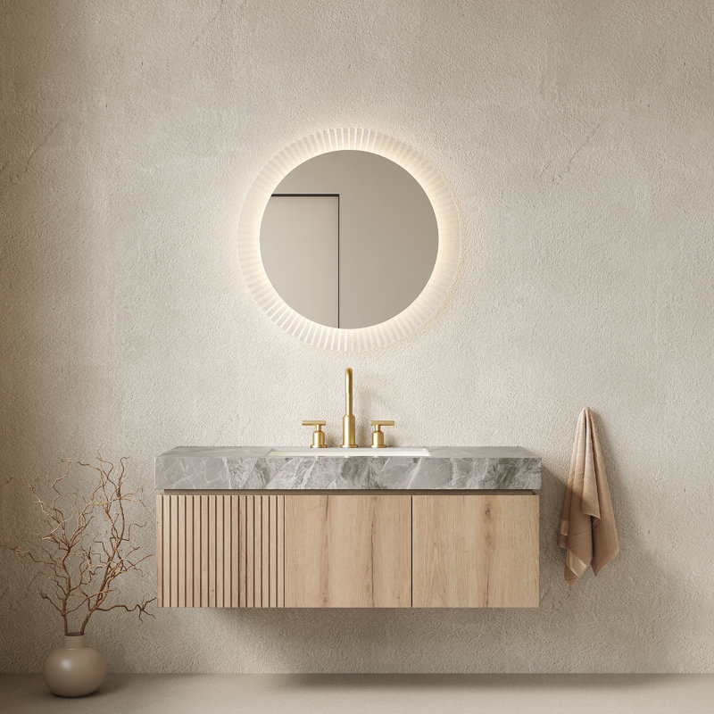 Muri 48" Bathroom Vanity&Sink, Floating Plywood Storage Cabinet With Drawer&Doors, Light Gray Sintered Stone Top&Ceramic Basin With 3 Pre-Drilled Faucet Holes, Pre-Assembled, White Oak Woodgrain Color