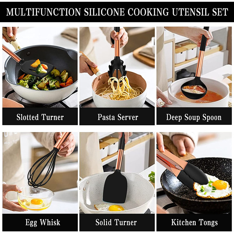 Ensemble d'ustensiles de cuisine en silicone 14 pièces, Noir