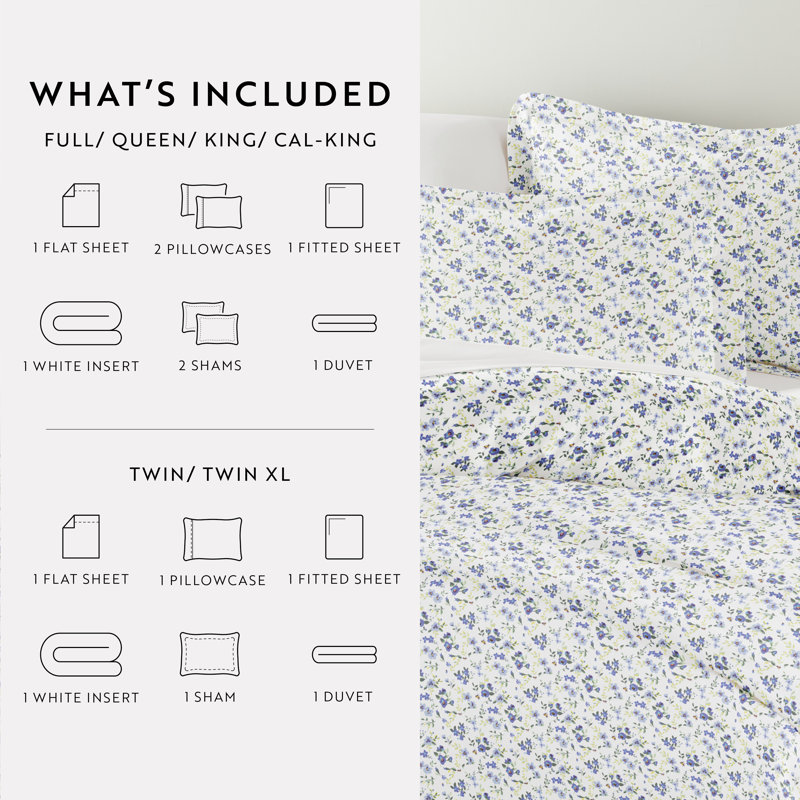 California King Blue Floral Polyester Bedding Bundle