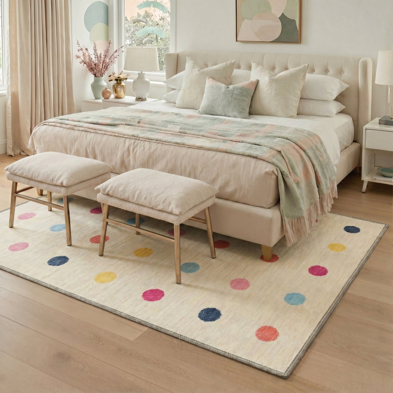 Modern Playful Multicolor Watercolor Polka Dot Cream Area Rug Machine Washable Non Slip Dot Indoor Floor Carpet, Round 5'