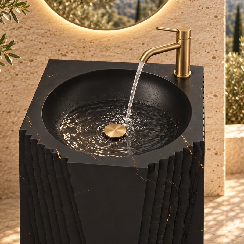 Lavabo sur pied rond Chloe de 48 cm de hauteur, en surface solide noire mate, avec trou pré-percé