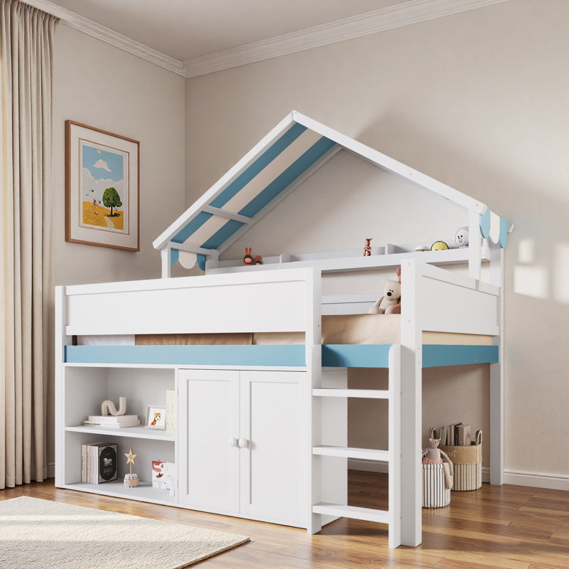Lit mezzanine avec tablettes intégrées, armoire de rangement et toit à baldaquin, Blanc / Bleu