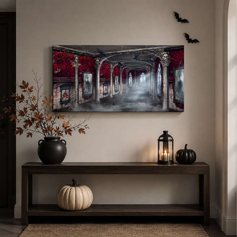 Art mural sur toile, hall d'entrée gothique avec murs damassés rouges et crâne d'Halloween, 32"W x 16"H
