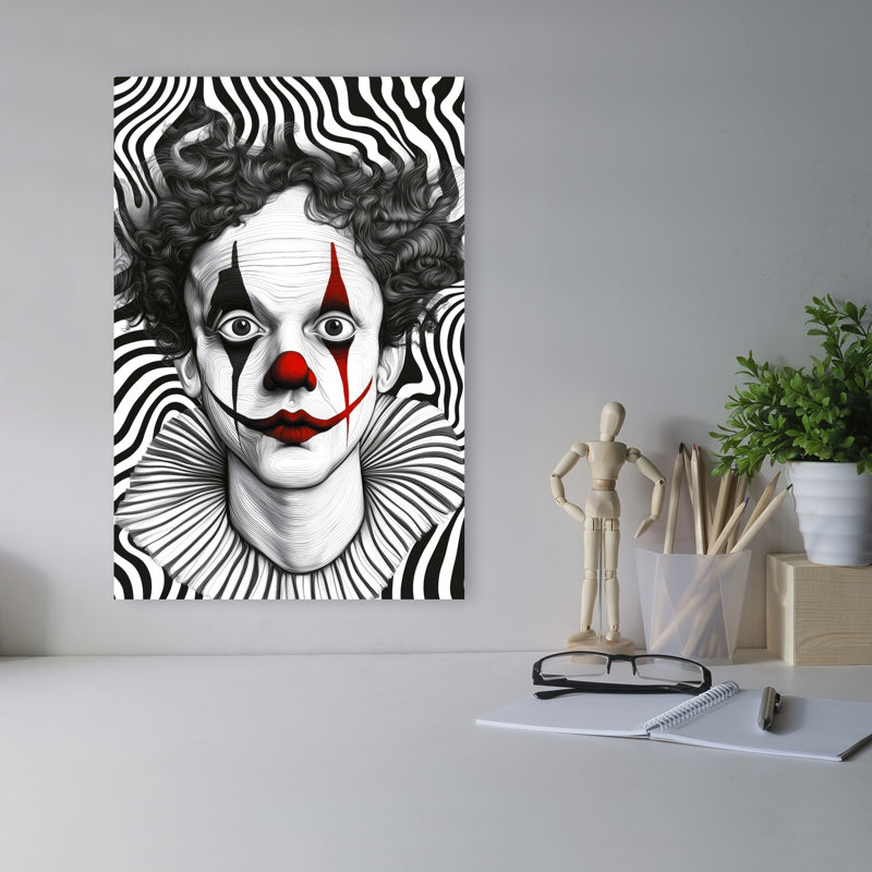 «Eerie Clown Gaze», art contemporain abstrait dramatique, 18" H x 12" W