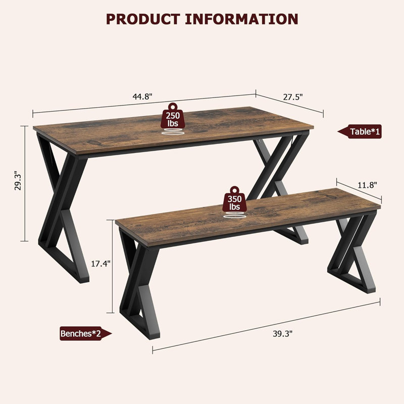 Ensemble de table de salle à manger pour 4 personnes, ensemble de table de cuisine avec 2 bancs, ensemble de table de salle à manger rectangulaire, structure en métal robuste, gain de place