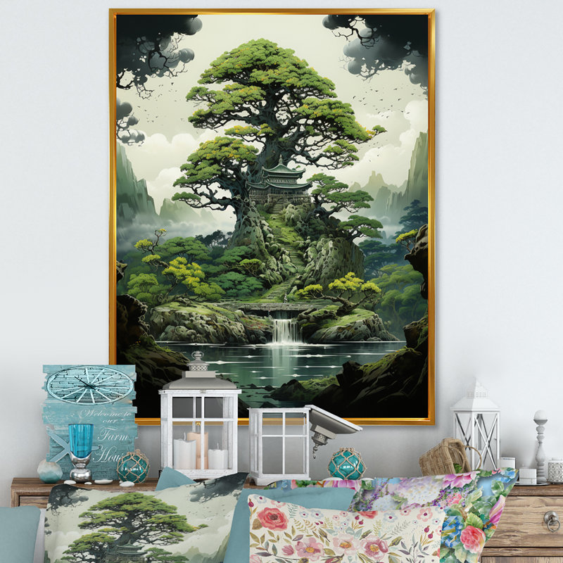 Japon Art Serene Bonsai I - Floral Wall Art Living Room, H 32 po x l 16 po x P 1 po, Cadre flottant doré