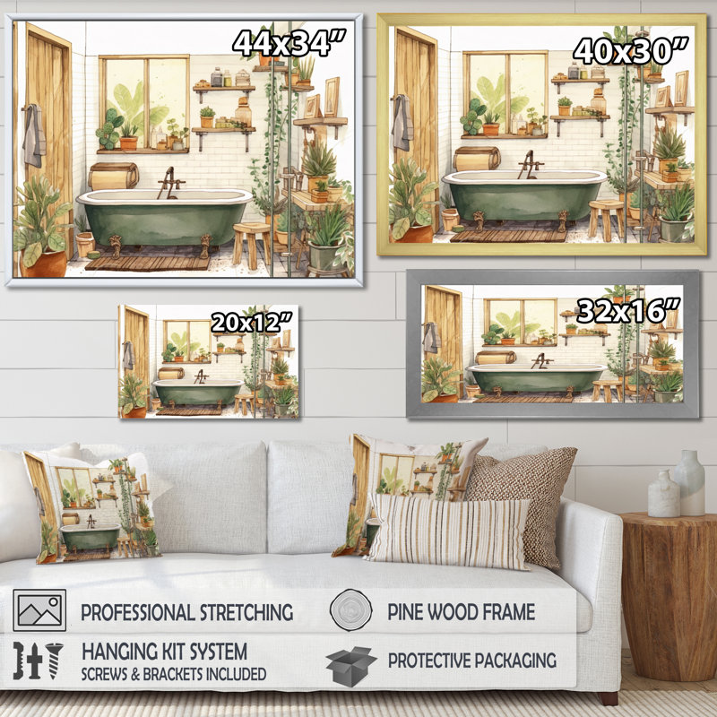 "Natural Bathroom Decor", impression sur toile encadrée, Cadre flottant noir, H 24 po x l 32 po x P 1 po