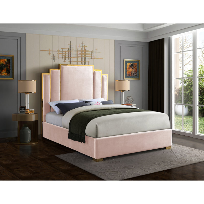 Lit plateforme tapissier Hugo, Très grand, Velours rose