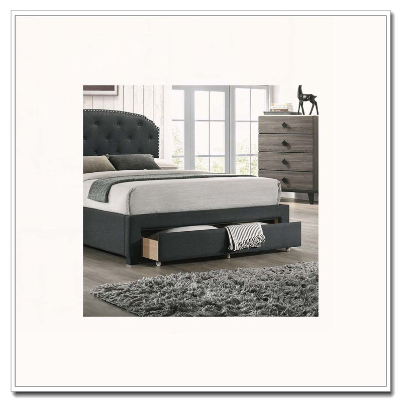 Burlap Upholstered Button Tufted Bed With Drawer