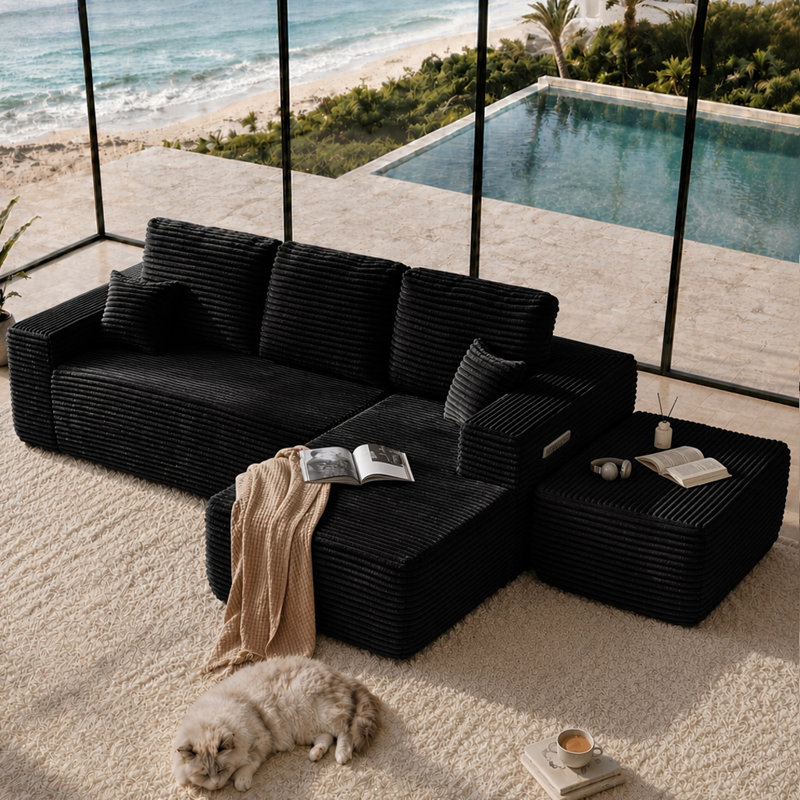 Canapé d'angle modulaire 3 pièces en forme de U Cloud 104 po noir avec méridienne à droite - Aucun assemblage requis