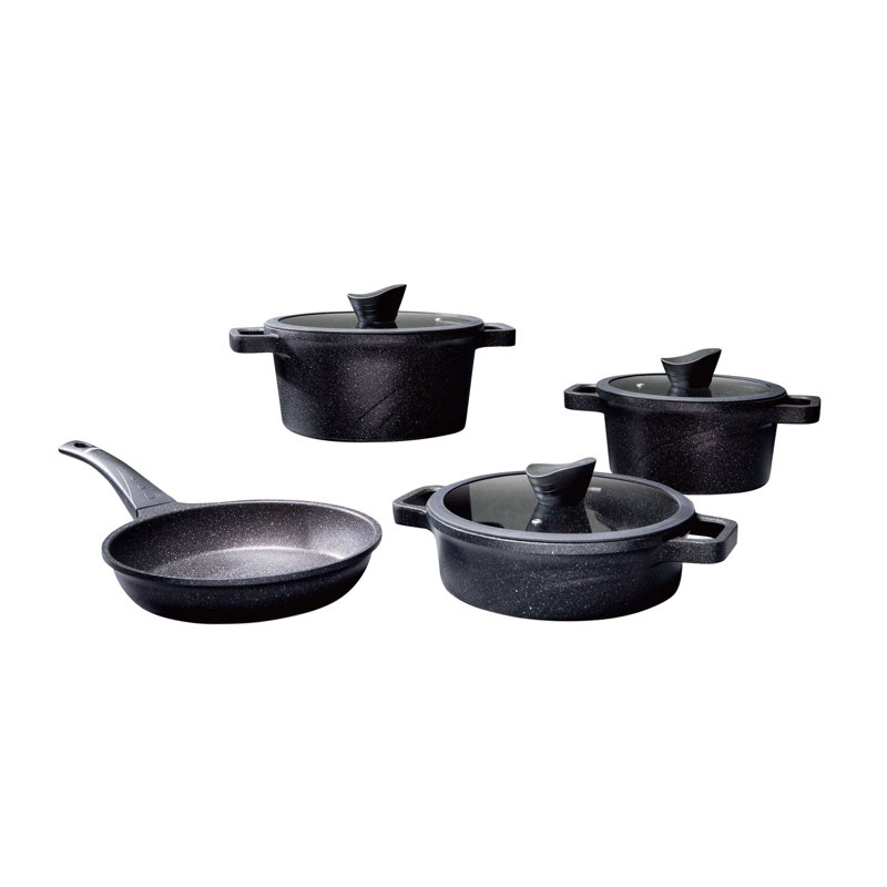 10-Piece Aluminum Cookware Set with Ceramic Coating, Black | Includes 3 Pots (7.1 in, 8.7 in, 9.4 in) & 3 Glass Lids, 9.4 in Frying Pan | Induction & Gas Stove Safe, Stackable, Ergonomic, Easy Clean, PFOA-Free, Oven & Microwave Safe