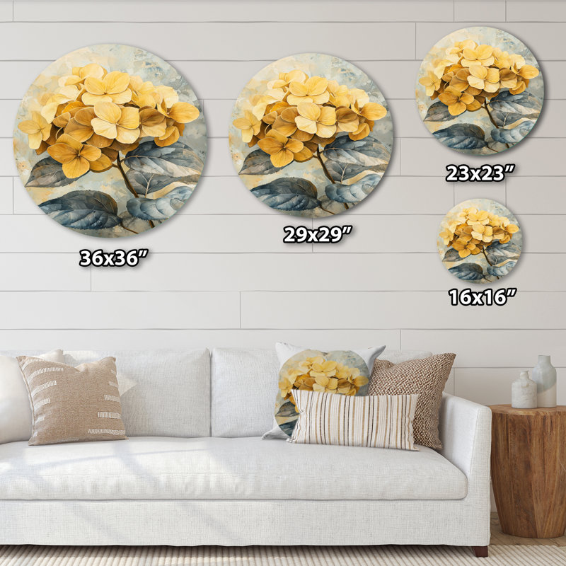 Fleurs d'hortensia jaune doux I - reproduction d'art en métal jaune traditionnel, H 29 po x l 29 po
