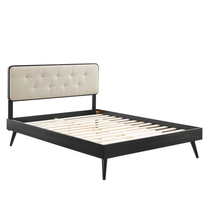 Lit plateforme en bois Bridgette avec pieds évasés, Noir/beige, Très grand