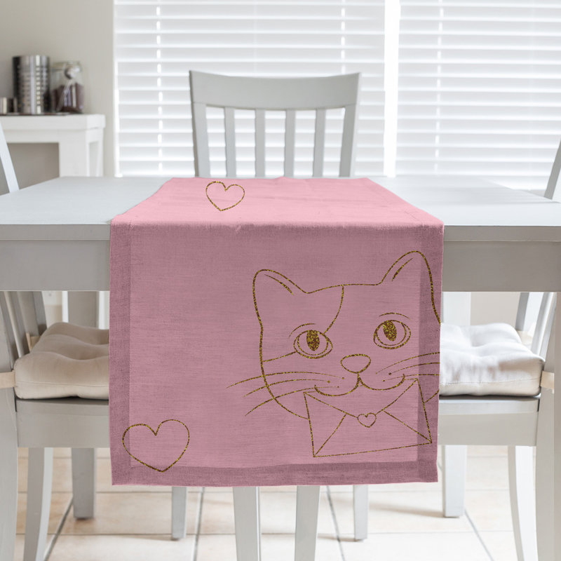 Chemin de table chats saint-valentin hol, L 90 po x l 16 po, Rose / doré, Mélange de coton