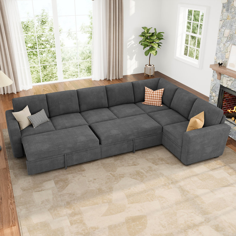 Caren L-shaped Sleeper Sectional Modular Sofa Bed With Storage Seat, Gray Corduroy