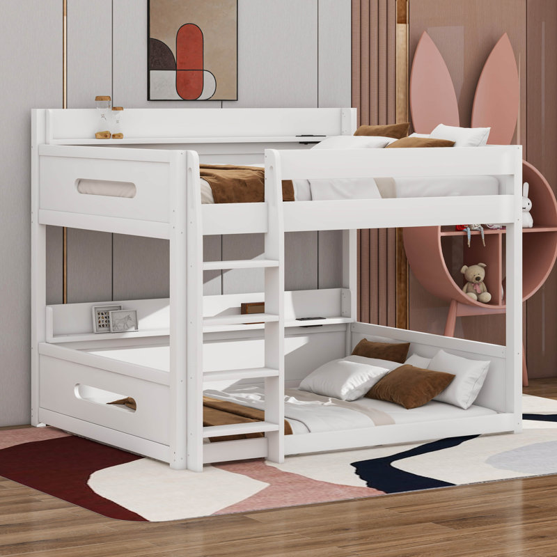 Queen Over Queen Bunk Bed With Storage Shelves And USB Ports, White