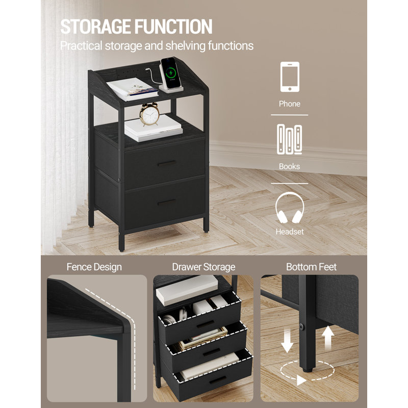 Bedside Table with LED Lights and Charging Station, Bedside Cabinet with 3 Fabric Storage Drawers and Shelves, Nightstand with USB Ports & TypeC for Bedroom, Livingroom 