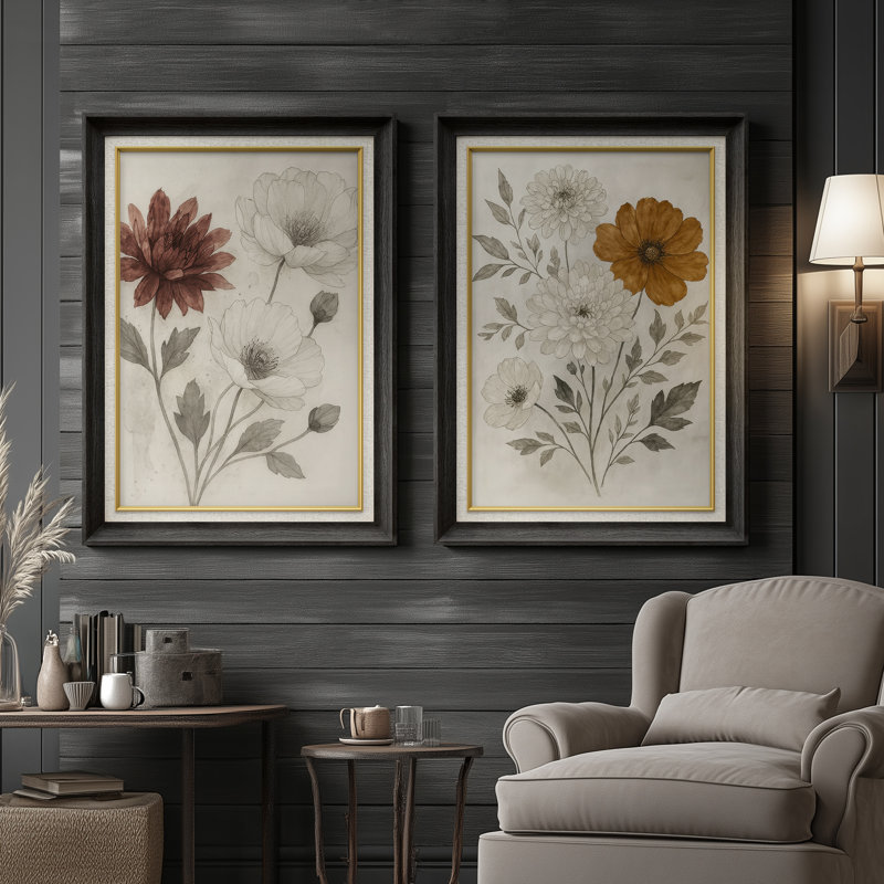 «Vintage Botanical Floral Study Classic Antique», ensemble de 2 reproductions d'art mural encadrées de qualité supérieure sur papier 26 po x 36 po