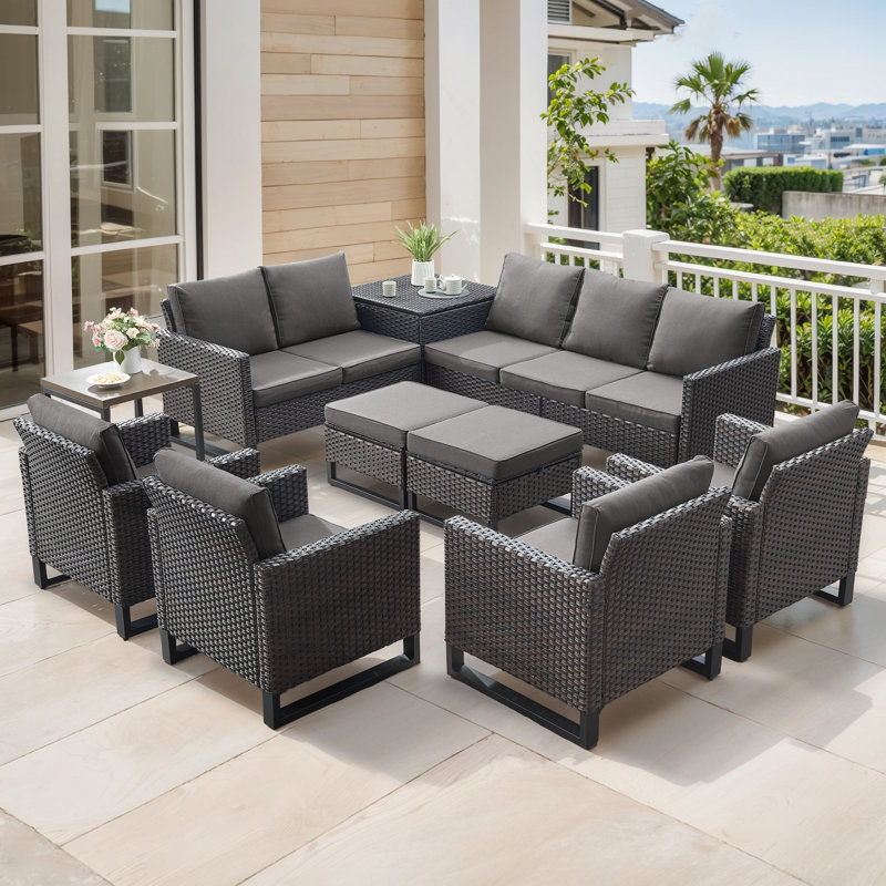 Ingvald 9-11 Person All-Weather Wicker Outdoor Conversation Set Seating Group With Lounge Chairs And Ottomans, Gray