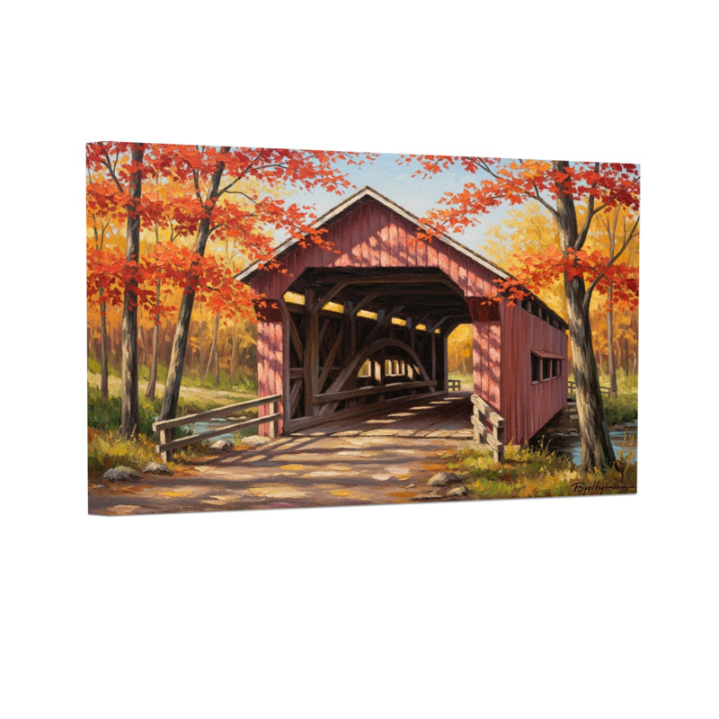 Plantes et fleurs, pont couvert, paysage d'automne, arbres rouges, H 16 po x l 24 po, Toile tendue, Ne s’applique pas